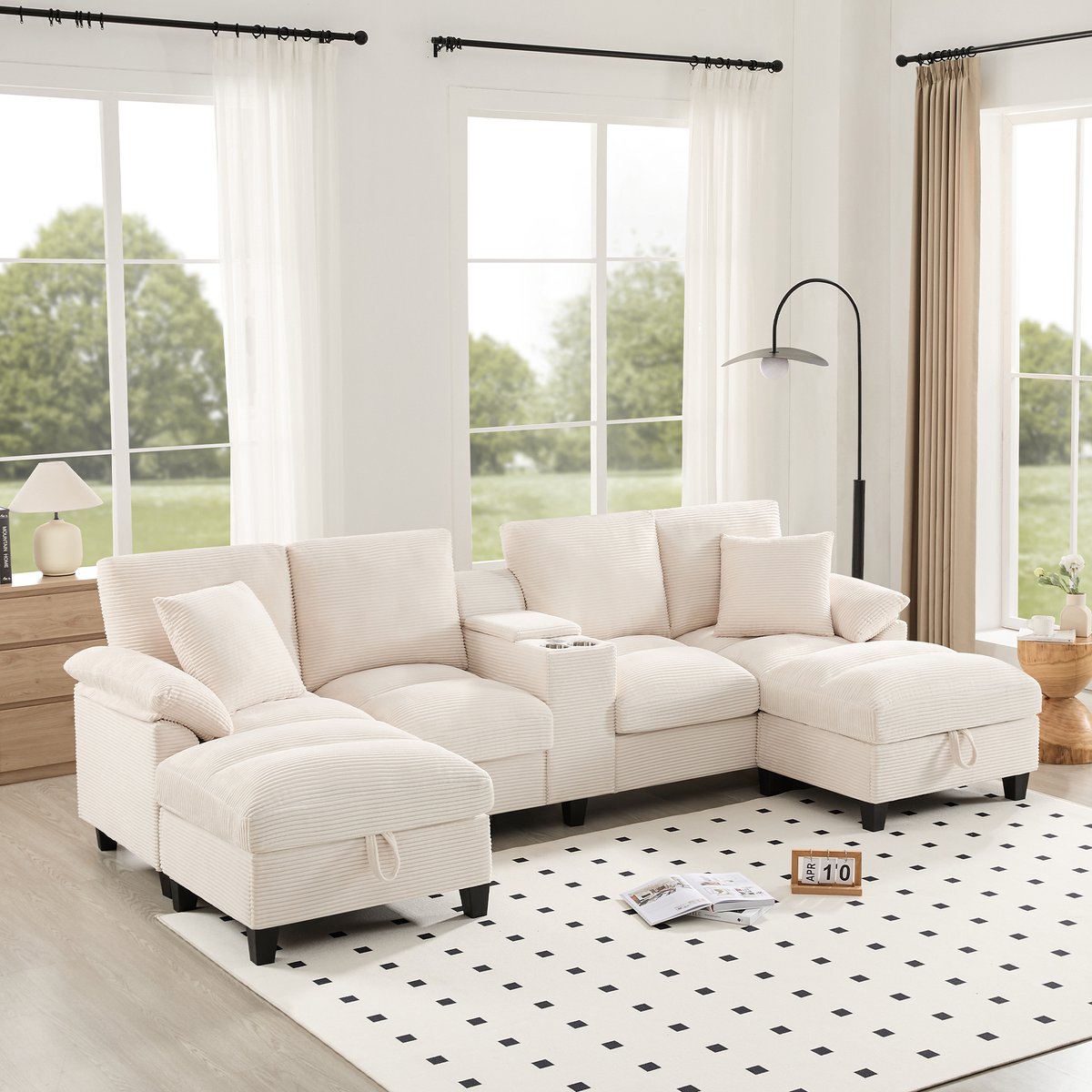 DESMIU Hoekbank 229 x 149,5 cm - L-Vorm Met USB, Bekerhouders, Opbergruimte En 2 Kussens - Voor Woonkamer En Kleine Ruimtes - Corduroy Grijs