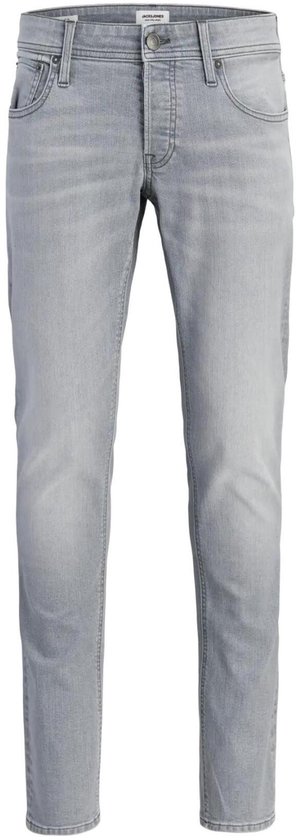 Frontaal aanzicht van een grijze, rechte denim jeans met knoopsluiting.