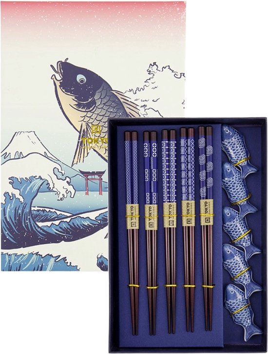 Tokyo Design Studio - Eetstokjes Giftset - Vis Design - 5 Paar - Blauw/Goud - Bamboe