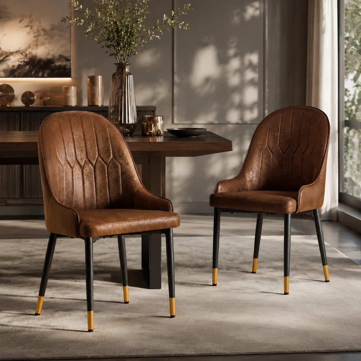 Welltin Gestoffeerde eetkamerstoel - Eetkamerstoelen - Set Van 2 - Eettafelstoel - Stoel - Met rugleuning - Stof - Metalen stoelpoten - Bruin