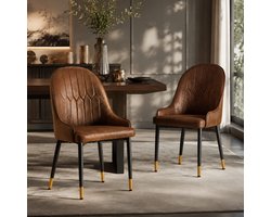 Gestoffeerde eetkamerstoel - Eetkamerstoelen - Set Van 2 - Eettafelstoel - Stoel - Met rugleuning - Stof - Metalen stoelpoten - Bruin