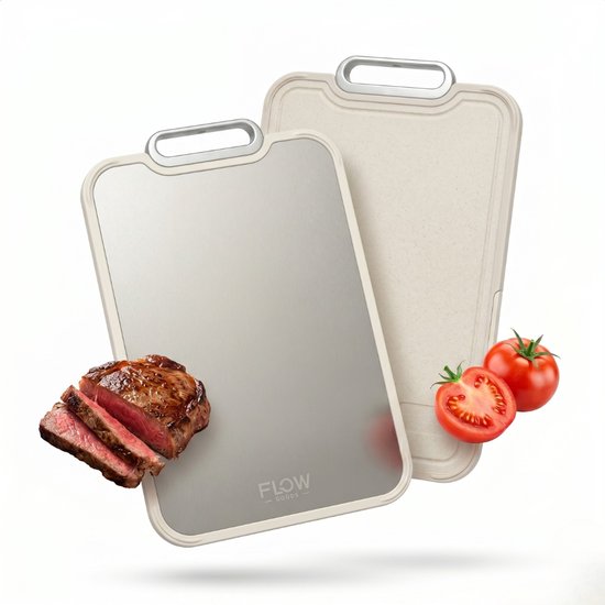 Flow Goods Titanium Snijplank - Dubbelzijdig - Snijplanken - Microplastic Vrij - Antislip - Raspfunctie en Sapgeul - Vaatwasserbestendig - 39.0 x 26.5 cm