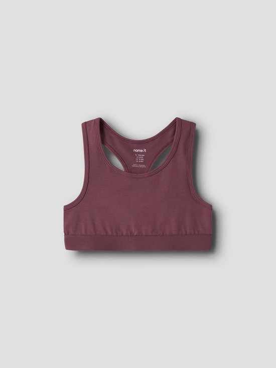 Donkerrode meisjes sport BH met racerback en smalle bandjes. Naam 'name it' op de kraag.