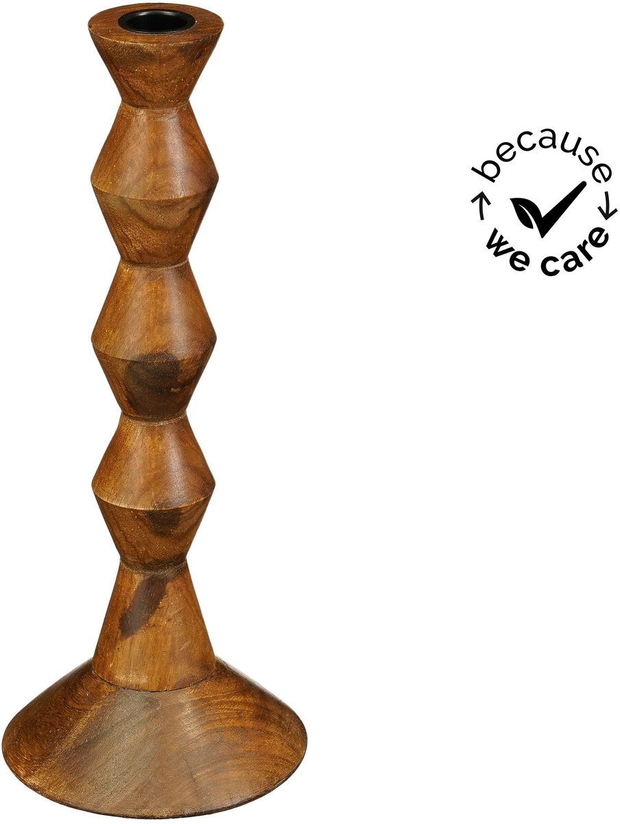 Mica Decorations Plony Kandelaar FSC 100% - Kandelaar van Mangohout en IJzer - Geschikt voor Kaarsen Ø2,2 Cm - Decoratieve Kaarshouder - H30 x D12 cm - Donkerbruin