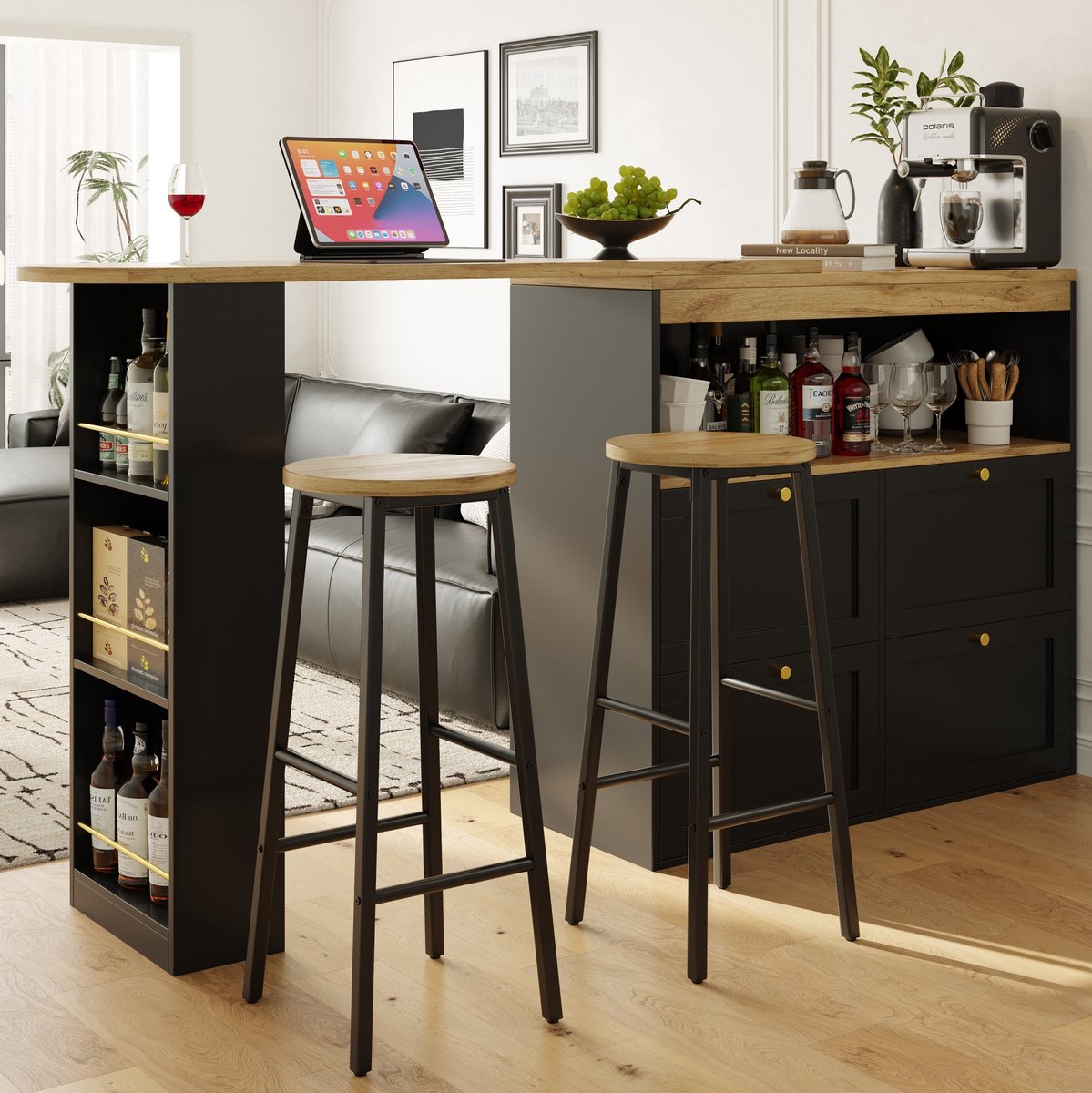Barset - Keukeneilandtafel Met Opbergruimte - Set Van 2 Barkrukken - Voor Keuken En Eethoek - Metaal En Houtlook - Zwart