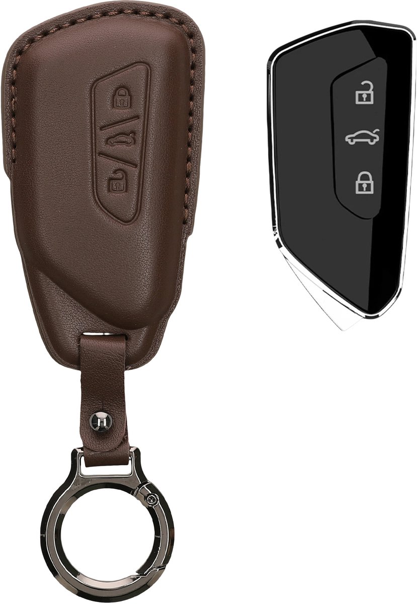 kwmobile leren autosleutel hoesje geschikt voor VW Golf 8 3-knops autosleutel - Als sleutelhanger met sleutelring - Echt leer in chocoladebruin