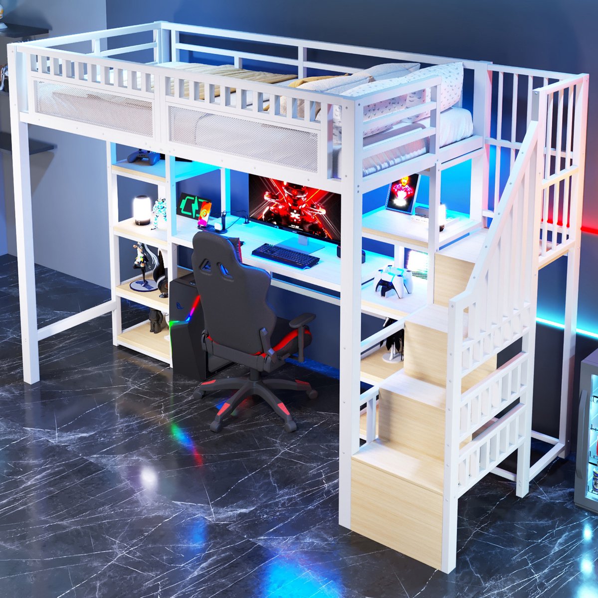 MEUNIQ Hoogslaper 90 x 200 cm met bureau, trap met opbergruimte, LED-verlichting, USB-aansluiting en metalen frame voor kinderkamer wit White