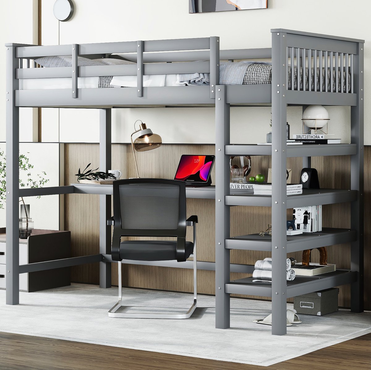 MEUNIQ hoogslaper 90 x 200 cm met bureau en open opbergrekken, grijs, eenpersoons bed voor