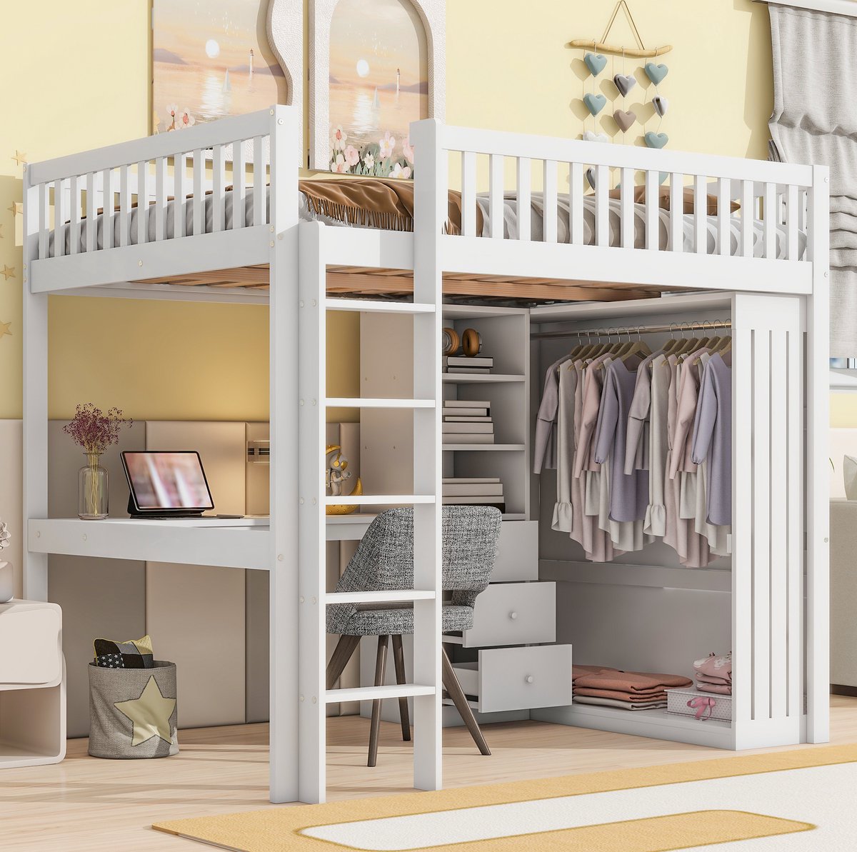 MEUNIQ hoogslaper 140x200 cm met bureau, kledingkast, 3 lades, open opbergruimte, trap en uitvalbeveiliging, voor kinderkamer, wit White