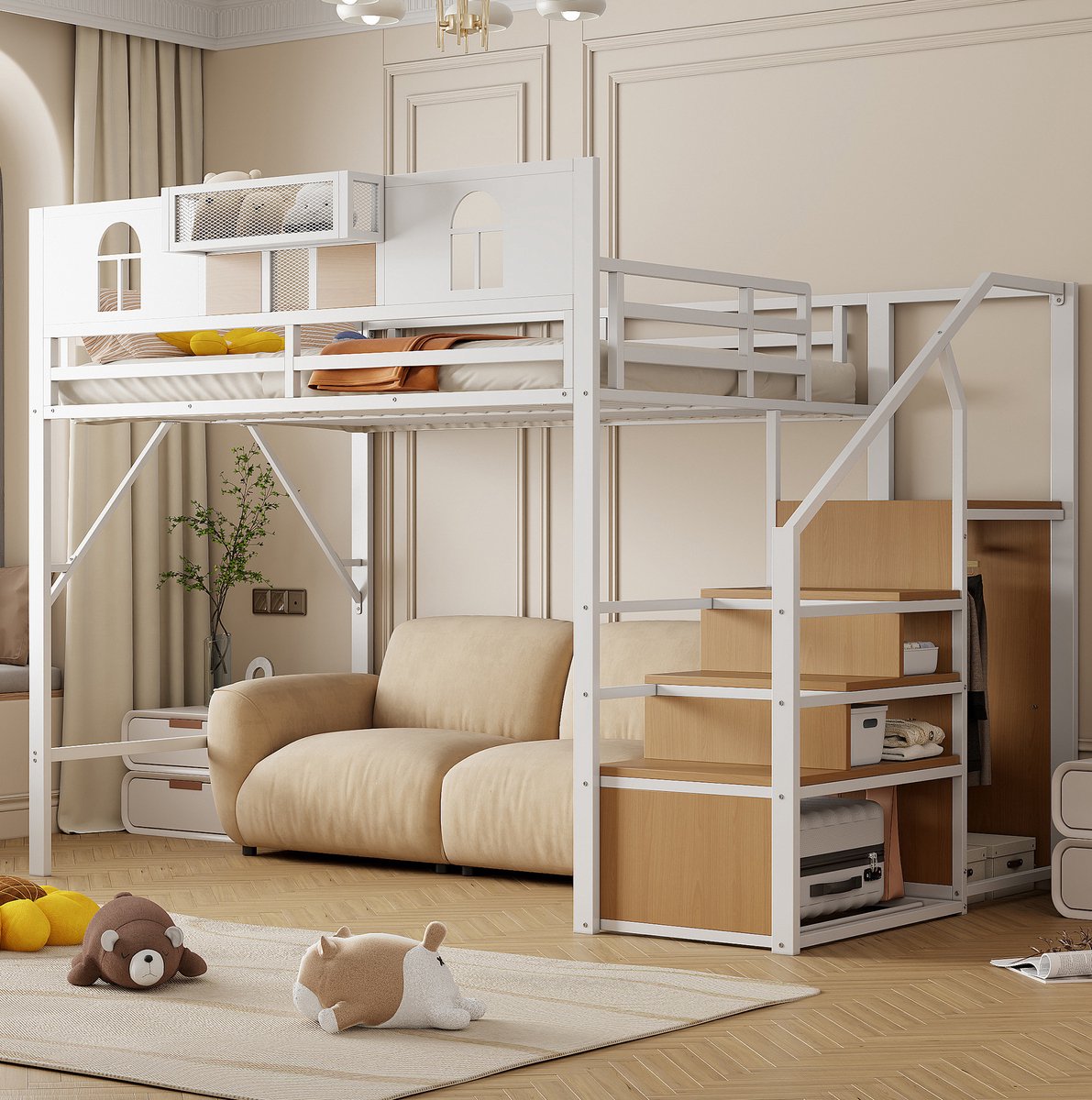 MEUNIQ hoogslaper 140 x 200 cm met opbergleider, open ruimte onder bed, zijplank, verhoogde bedomranding en metalen frame voor slaapkamer, wit