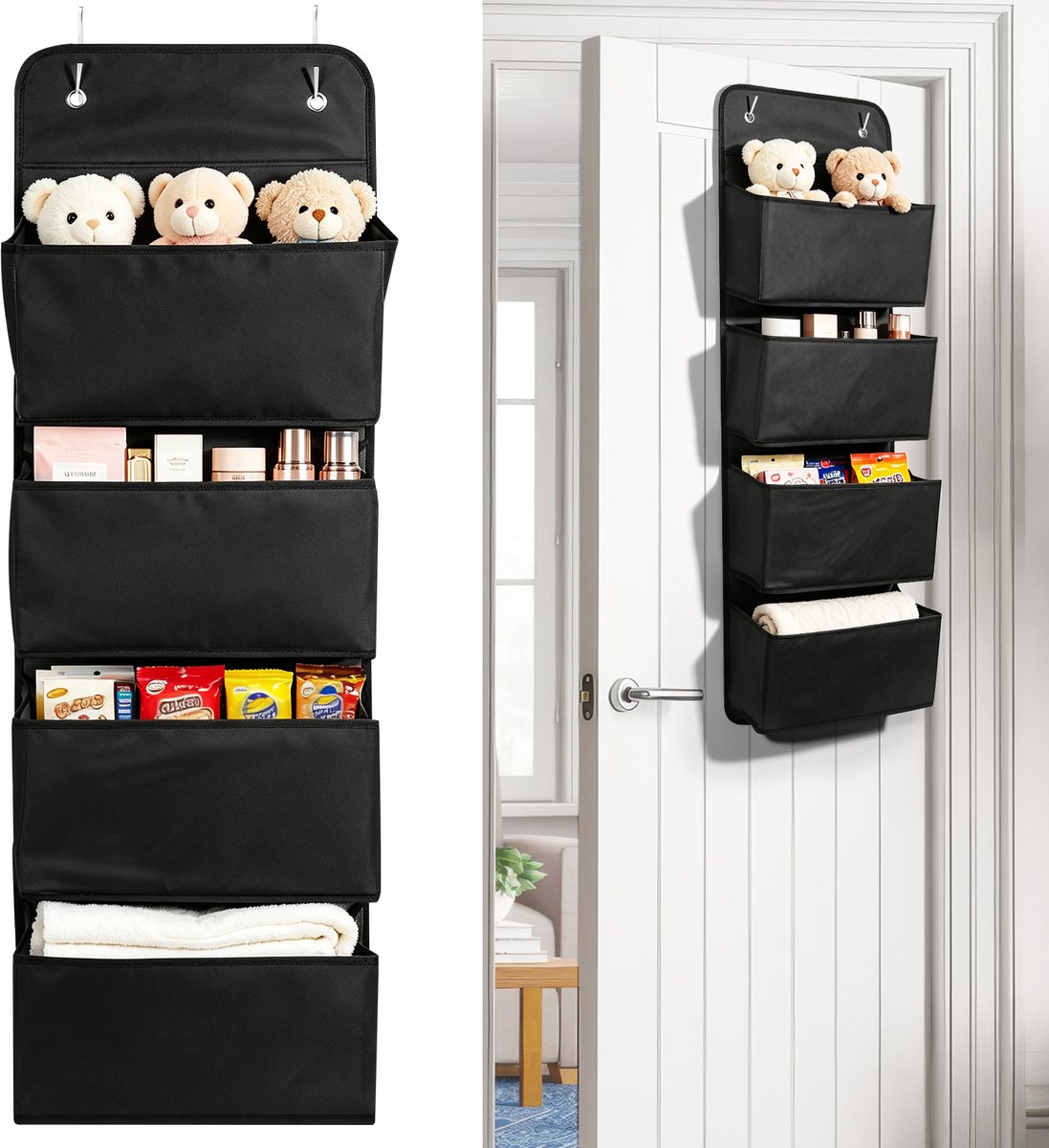 Lemonbest Deurorganizer 4 Vakken 29,5 x 13 x 89,5 cm - Opvouwbare Hangende Opberger voor Slaapkamer Kledingkast en Voorraadruimte - Zwart