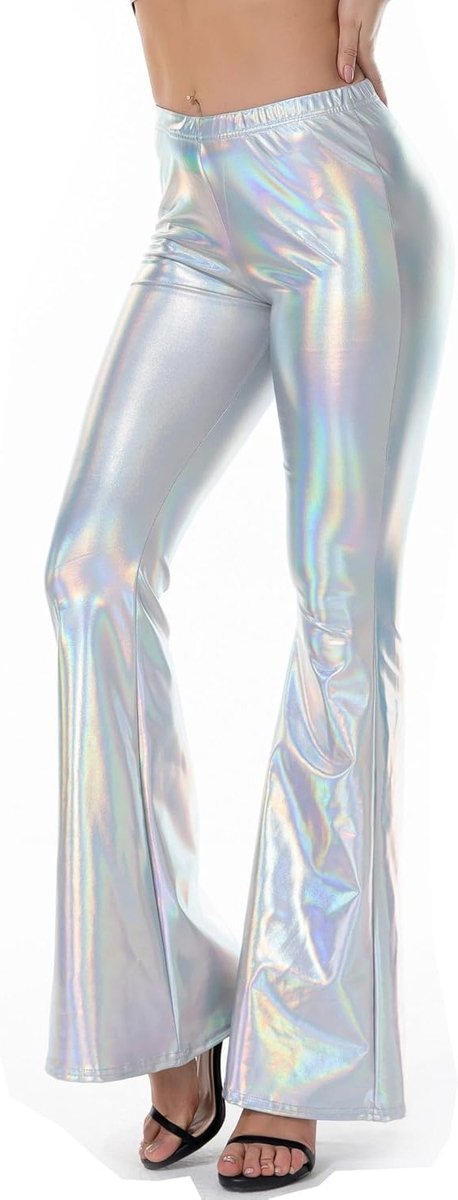Shiny Metallic Disco Broek met Elastische Taille, Bell Bottom Flared Stijl voor 70's Thema Feesten en Cosplay Outfits