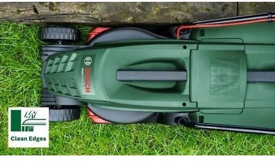 Groene Bosch grasmaaier dichtbij met tekst 'Clean Edges'.