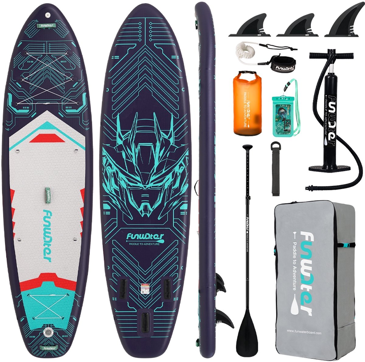 FUNWATER FW50B Opblaasbaar SUP – board 350x90x15 cm – tot 200 kg – Stabiel allround paddleboard met peddel – pomp en rugzak – antislip-EVA