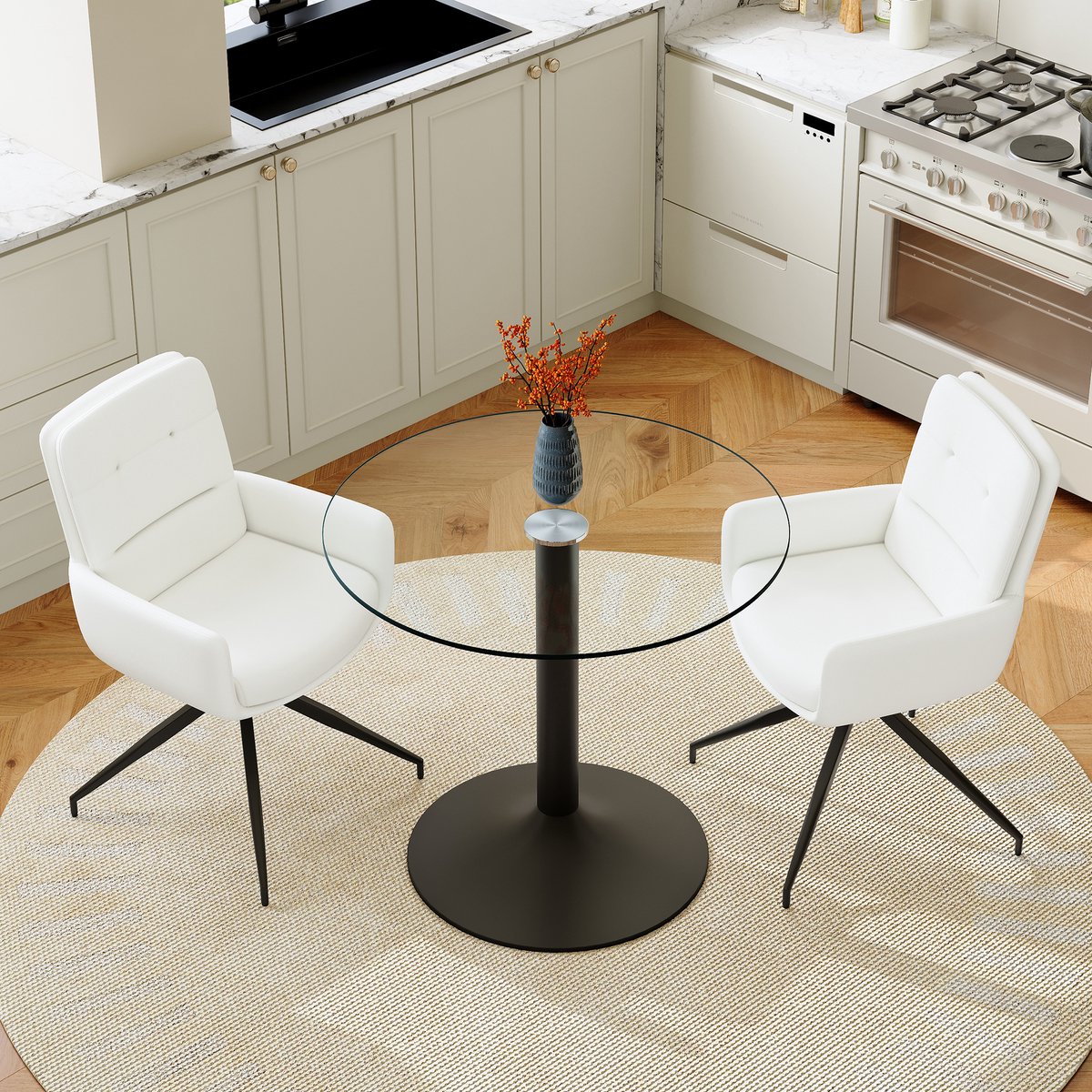 STILVORA Eettafelset Rond 85 Cm Met 2 Stoelen - 360 Graden Draaibaar - Voor Eetkamer Keuken En Café - Glas Metaal Kunststof - Zwart Wit Transparant