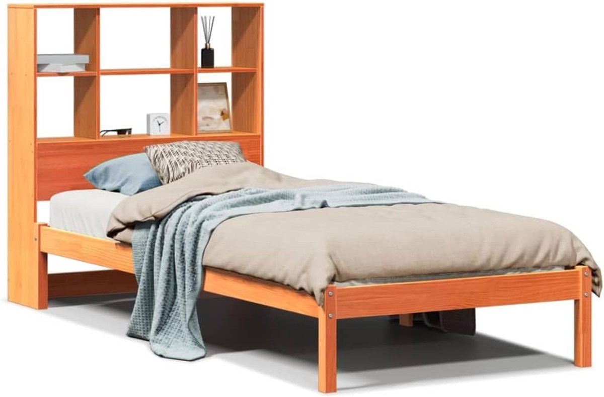 Houten Bed - Eenpersoonsbed Tienerkamer - Ruimtebesparend Slapen - Geïntegreerd Boekenrek - 75x190 cm - Bruin