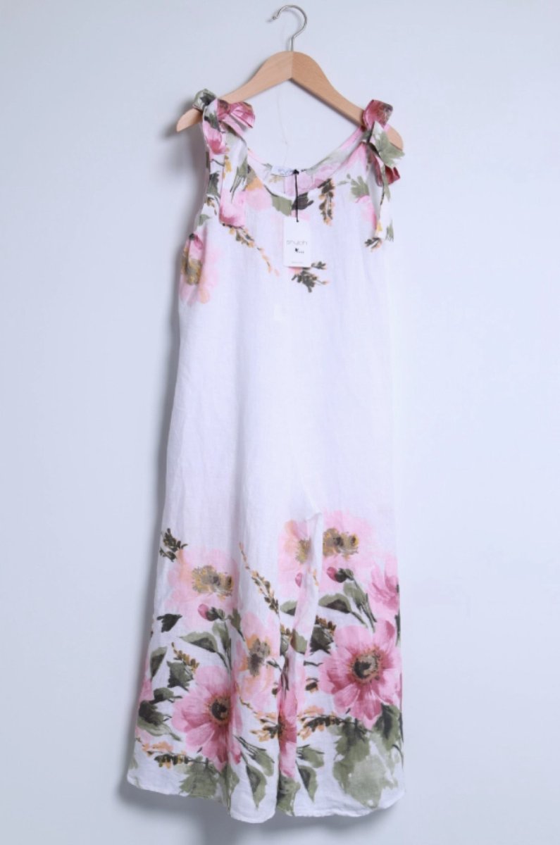 100% Linnen jumpsuit met geknoopte schouders en bloemenprint - v-hals - zijzakken WIT - maat M/L
