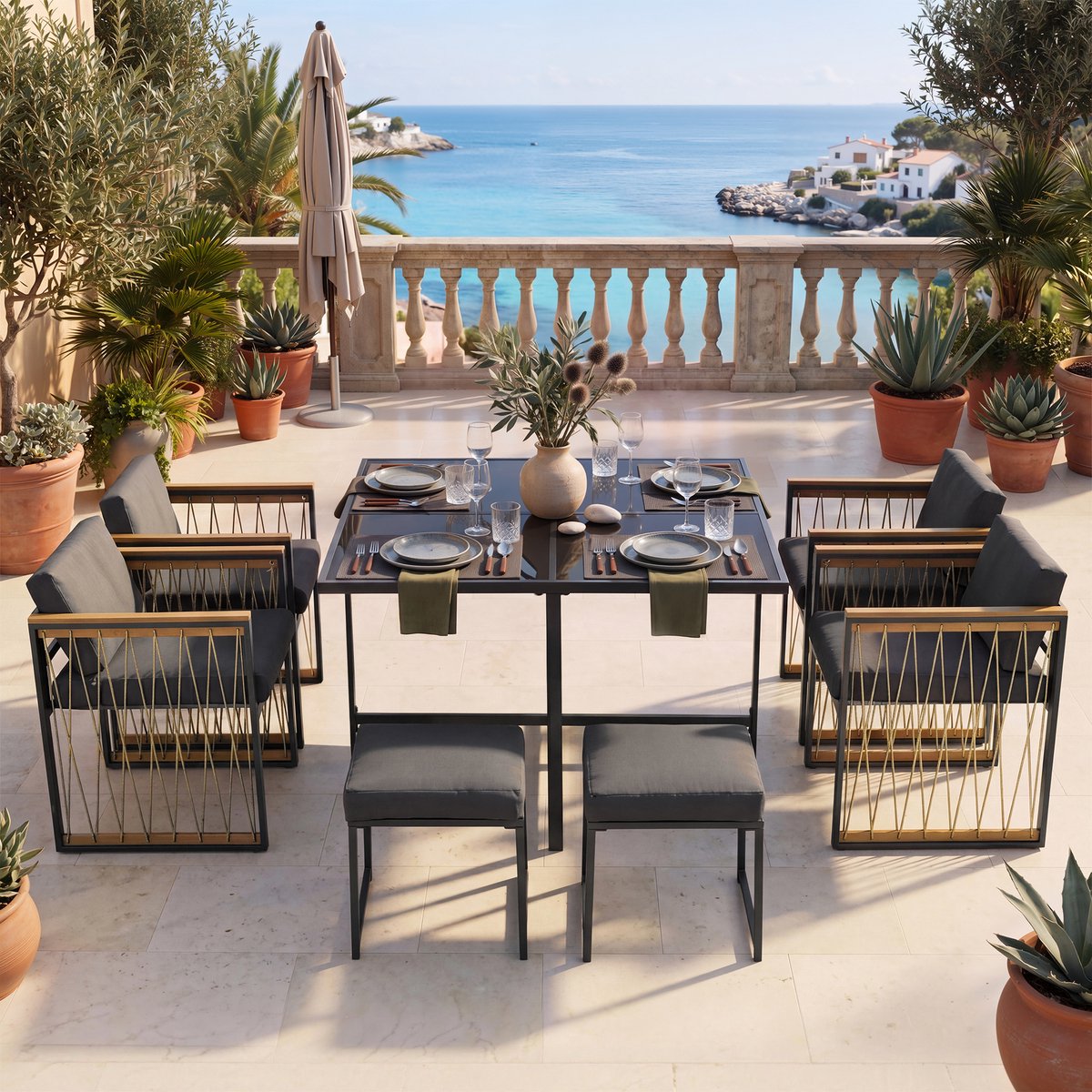 Tuinset - 7 Delige Dining Set - Voor 6 Personen - Met Tafel, 4 Stoelen En 2 Voetenbanken - Voor Tuin En Terras - Metaal, Glas, Polyester - Zwart En Naturel