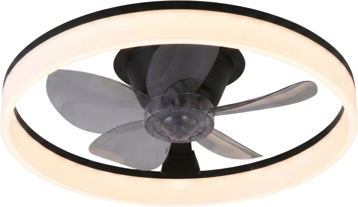 Plafondventilator met verlichting - Zwart - LED Ring 32W - Ø 50cm - Fluisterstil - App & Afstandsbediening - Dimbaar - Plafondlamp woonkamer - Plafonniere slaapkamer - Plafondlampen - Ventilator plafond