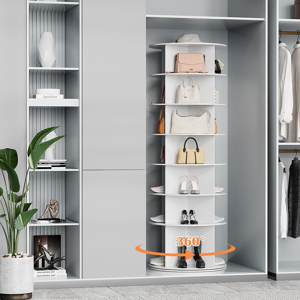 Draaibaar Schoenenrek 7 Niveaus 60 x 60 x 170 cm – 360° Roterende Schoenenkast & Handtassen Organizer – Ruimtebesparende Ronde Opbergkast voor Hal, Slaapkamer en Inloopkast – Wit – Mobili Bella