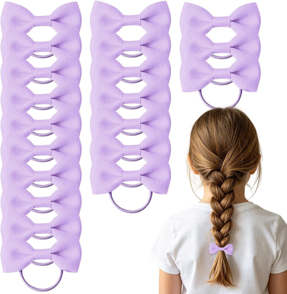 20-delige Set Elastische Haarbanden met Striklint voor Kinderen en Dames, Lichtpaarse Haaccessoires voor School en Feestjes