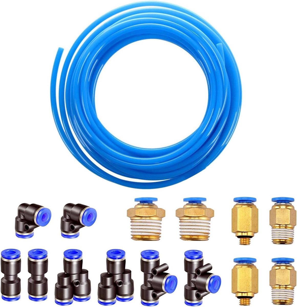 5 Meter Flexibele Pneumatische PU Slang met 14 Pneumatische Aansluitstukken en Snelle Fittingen, Buitenmaat 8mm, Binnenmaat 5mm, Ideaal voor Compressed Air Systemen