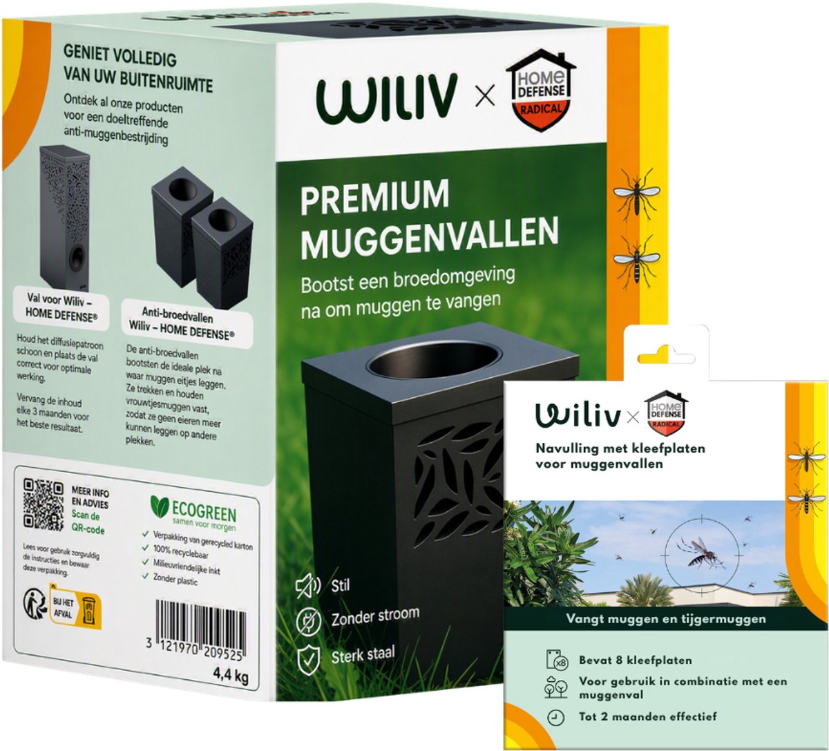Home Defense Muggenvanger Buiten + 8 Navullingen – Premium Muggenval tegen (Tijger)muggen – Alternatief voor Muggenlamp of Muggenstekker – Zonder Stroom – Set van 2