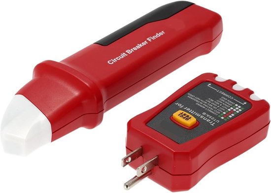Rode Circuit Breaker Finder met zwarte greep en bijbehorende rode zender met GFCI-testknop.