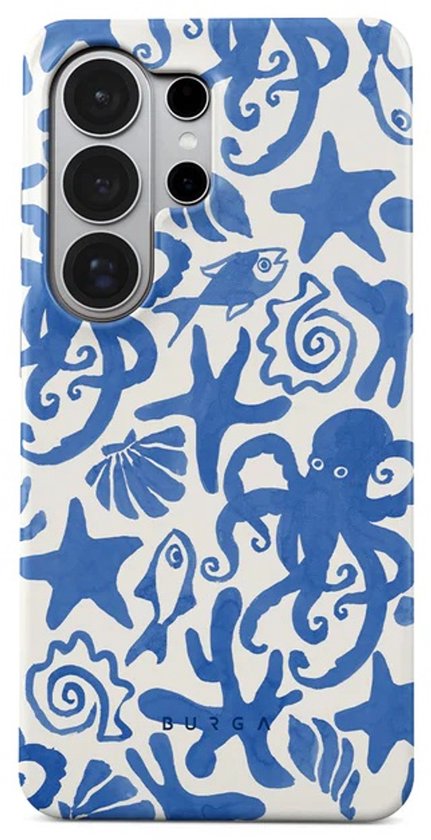 Telefoonhoesje met opdruk van blauwe zeedieren op een witte ondergrond. Met octopus, vissen en zeesterren.