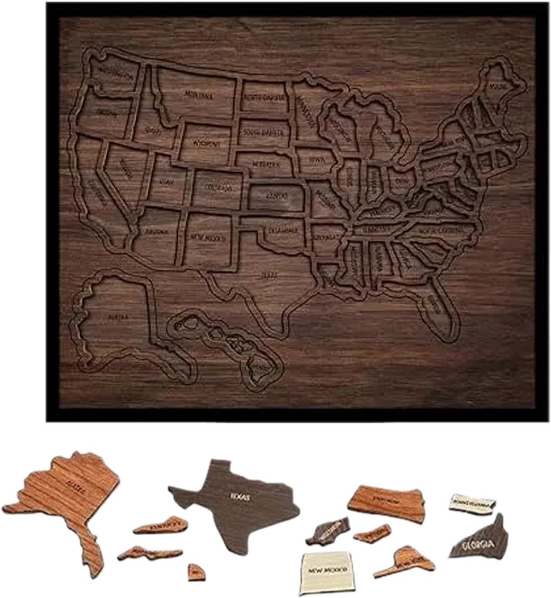 Houten kaart puzzel - Interactieve landkaart - Reizen ontdekken - Decoratieve muurkunst - 31 x 26 cm - Houtkleurig