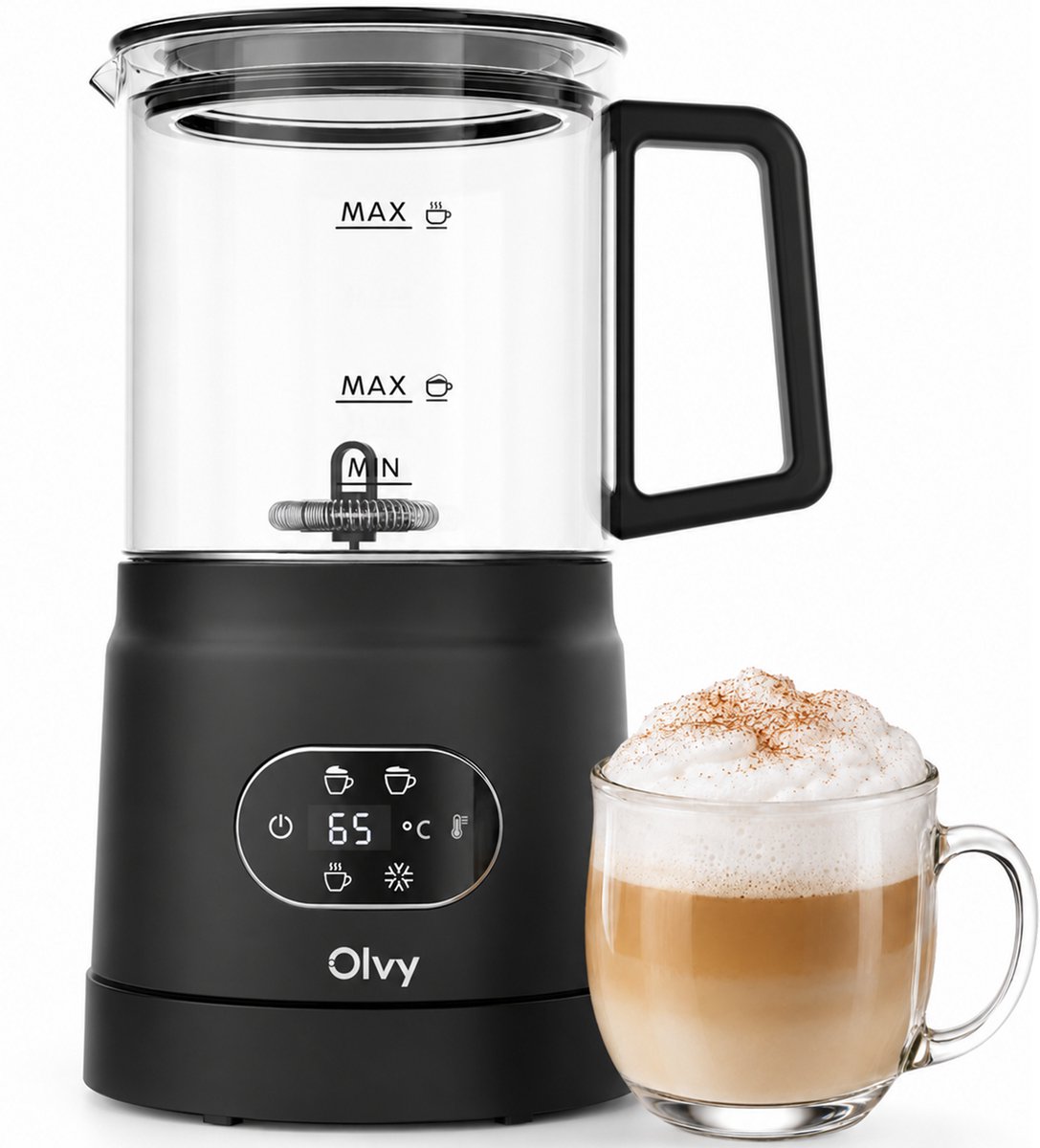 Olvy Melkopschuimer Glas - Elektrische Melkopschuimer 500W - 4-in-1 - Warm & Koud Schuim - 160 ml Melkschuim - 400 ml Warme Melk - Temperatuurdisplay - BPA & PFAS Vrij - Zwart
