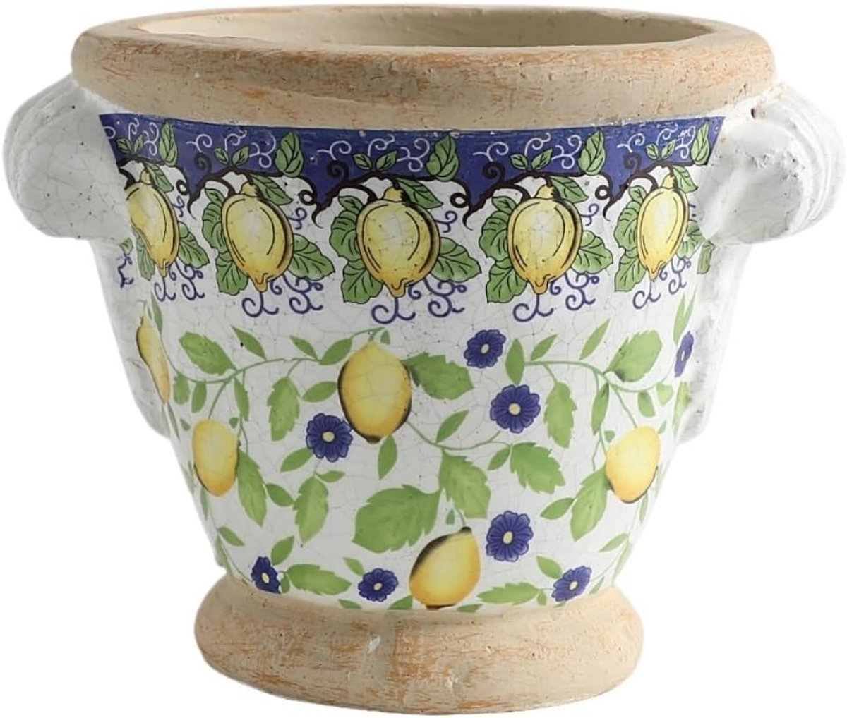 Vaas Steengoed - Bloemenvaas Decoratief - Huis Decoreren - Handgeschilderd Citroenpatroon - 20 x 16 x 15 cm - Citroengeel