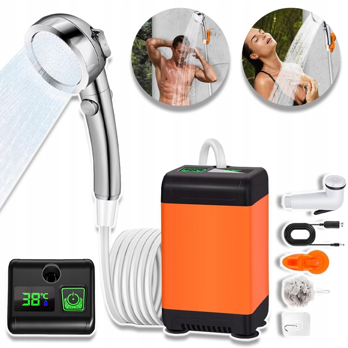 Draagbare Douche Met Waterpomp - Slim Digitaal Display 6000mAh Batterij - 3 Douchestanden Zuignappen - 180 Minuten Gebruiksduur - Voor Tuin Auto En Huisdier - Oranje & Zwart