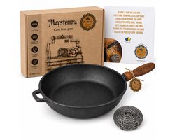 MAYSTERNYA Gietijzeren Koekenpan - ø 28 x 6 cm - Geschikt Voor Inductie - Houten Handvat - Pannen - BBQ - Pannenset - Barbecue - Keuken Cadeau - Cadeaupakket Geschenk - Steelpan - Cadeau - Zwart