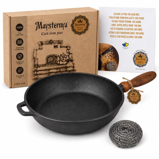 MAYSTERNYA Gietijzeren pan / Poêle en fonte – Ø28 × 6 cm, Geschikt voor inductie / Compatible induction, Houten handvat / Manche en bois, BBQ / Barbecue, Zwart / Noir – Ideaal als keuken cadeau / Cadeau cuisine (cadeaupakket / coffret cadeau)