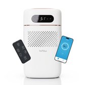 Witte BoFlow EvoMist45 luchtbevochtiger met gouden rand. Afstandsbediening en smartphone met app display.