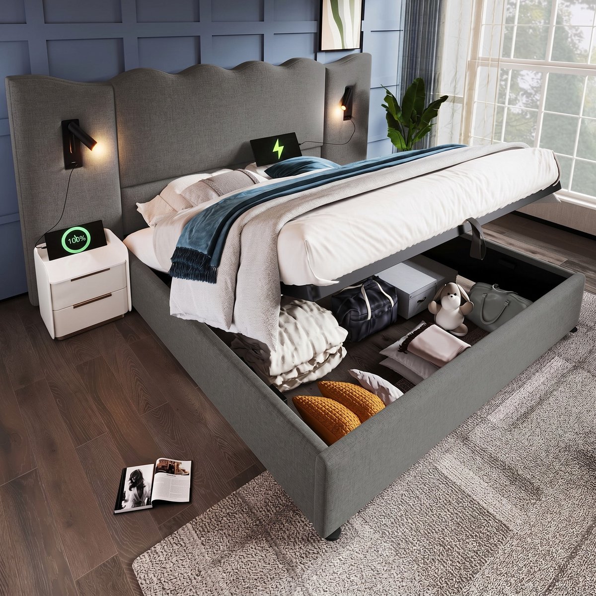 VVBV Bed met opbergruimte 160x200 / Tweepersoonsbed 160x200 – met Hydraulische Opbergruimte, USB, USB-C, Lattenbodem – Linnen – Grijs – Zonder Matras