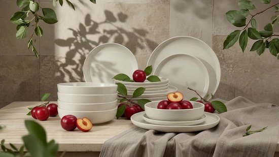 KONSIMO® VICTO - Serviesset - 18 delig - 6 persoons - Keramiek - Geproduceerd in Europa - Beige - Dessertbord, Diepbord, Dinerbord