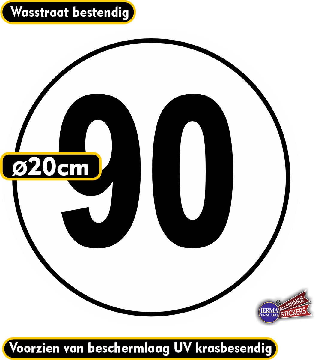 Jerma - Snelheid - 90 km/h - Sticker - Ø 20 cm - Zwart-Wit - Zelfklevend - Vinyl - Weerbestendig