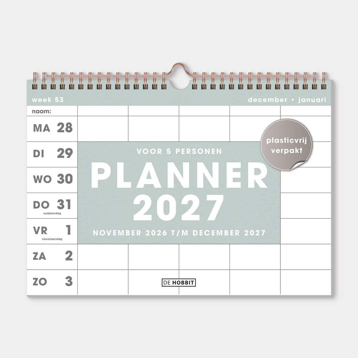 Hobbit - Familieplanner 2027 - Familie kalender - Spiraalgebonden - 5 personen - A4 (21 x 29,7 cm) - Grijs/Groen