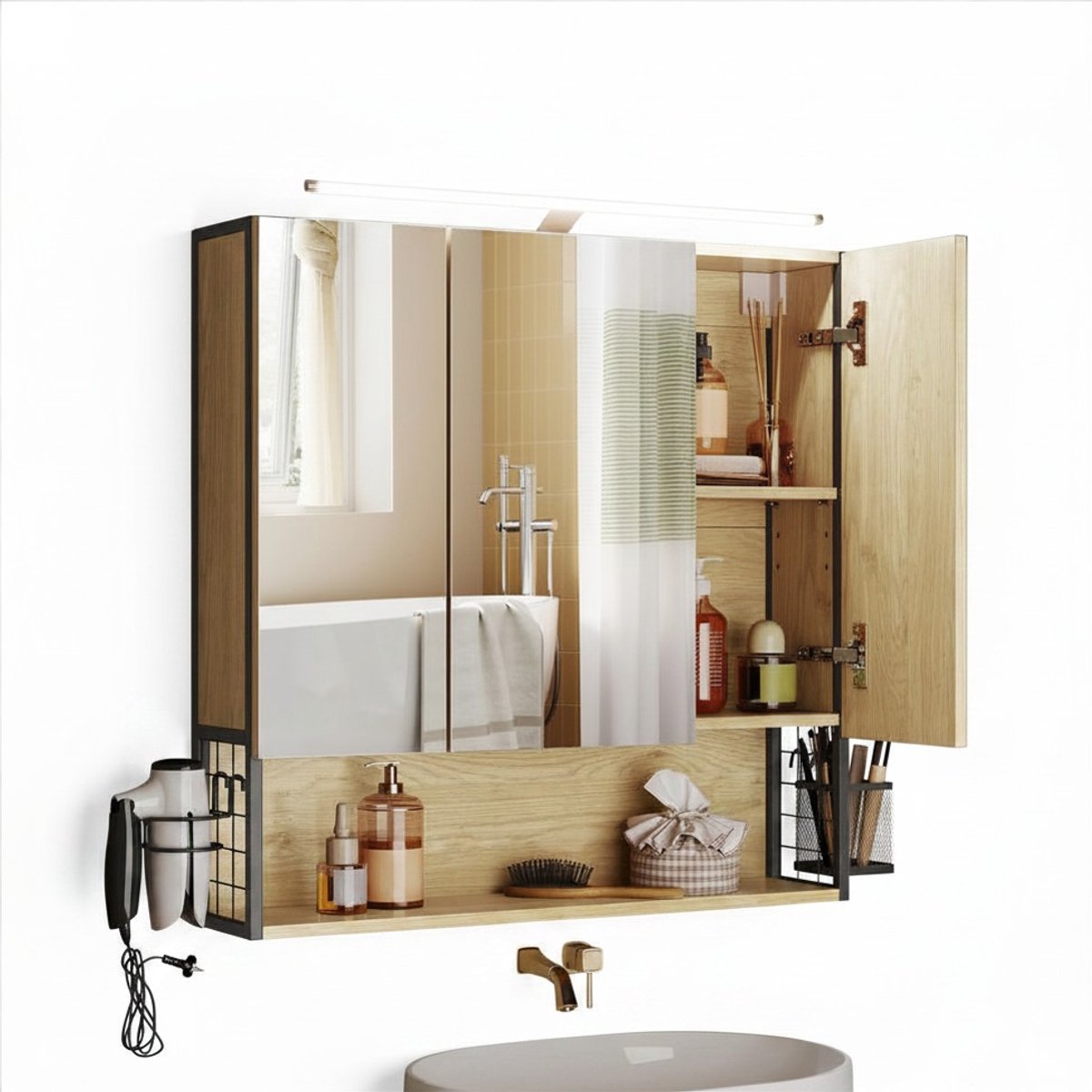 Homegoodies badkamer kast met spiegels - Luxe wandkast met verlichting- Medicijnkastje - 3 deuren - Föhn houder - 14,5x70x70 cm
