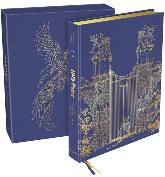 Harry Potter et le Prince de Sang-Mêlé: Édition illustrée avec dorures d'un phénix et d'une porte sur une couverture bleue.