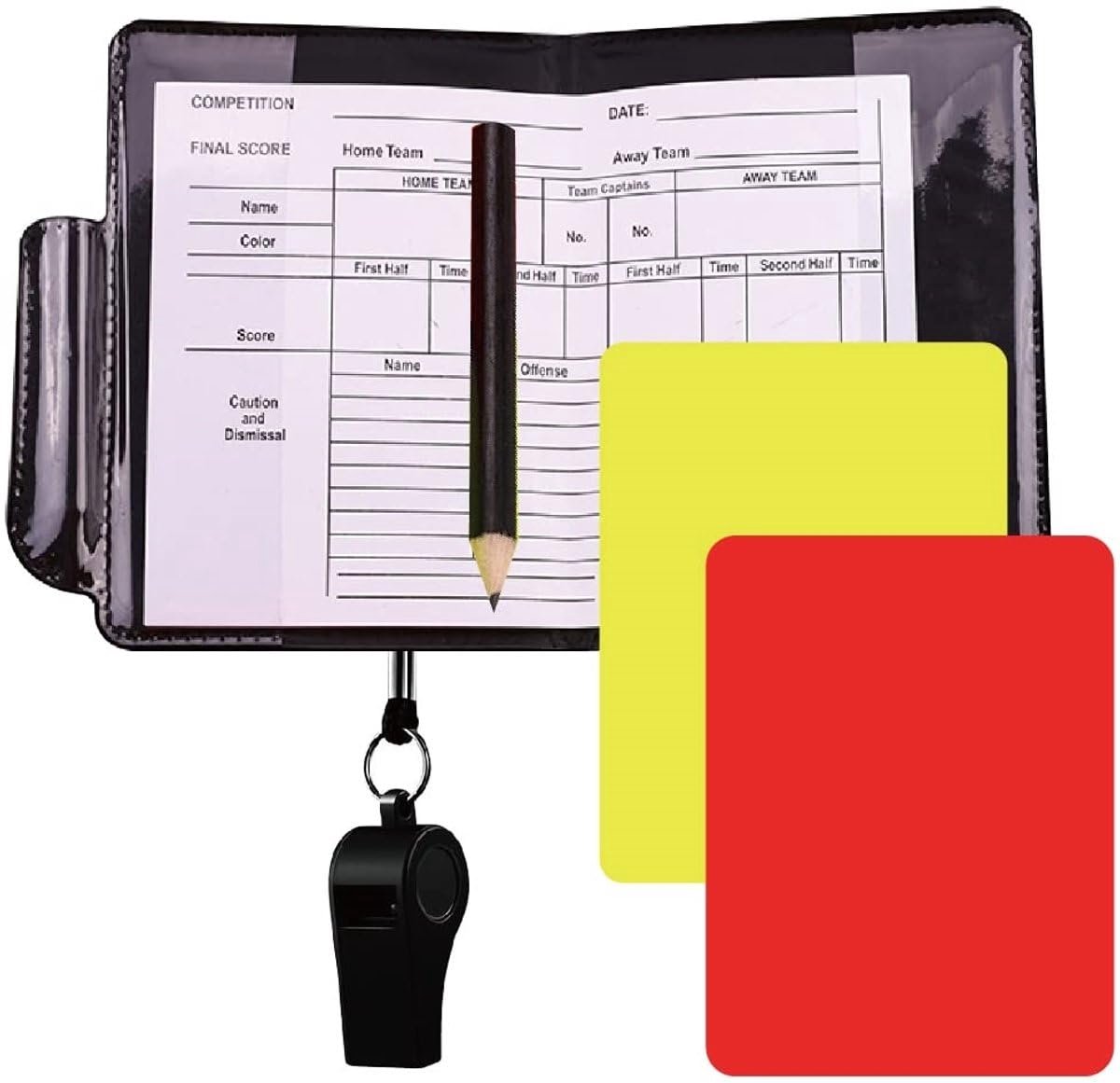 Okado Scheidsrechterset met Rode en Gele Kaart, Fluitje, Notitiekaarten en Potlood – Compacte Referee Set in Etui voor Voetbal, Hockey en Teamsporten