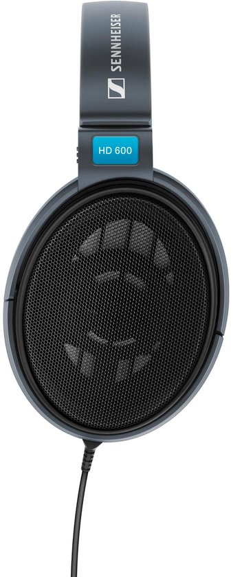 Grijze Sennheiser HD 600 koptelefoon, van voren, met zwarte oorschelpen en mesh grille.