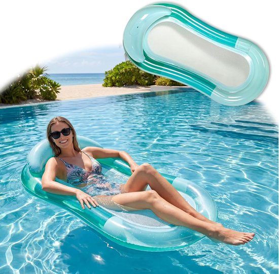 Set van 1 stuk - Waterhangmat - Opblaasbare drijfmat voor in het zwembad - Opblaasbare ligmat - Opblaasbare raft - Drijvende mat voor op vakantie - Met hoofdsteun - Geschikt voor zomerfeesten, strand en andere wateractiviteiten - 150*78 cm - Groen