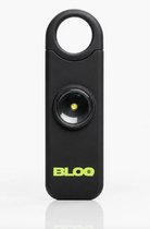 Zwart persoonlijk alarm met een ronde sleutelring en een groen 'BLOQ' logo.