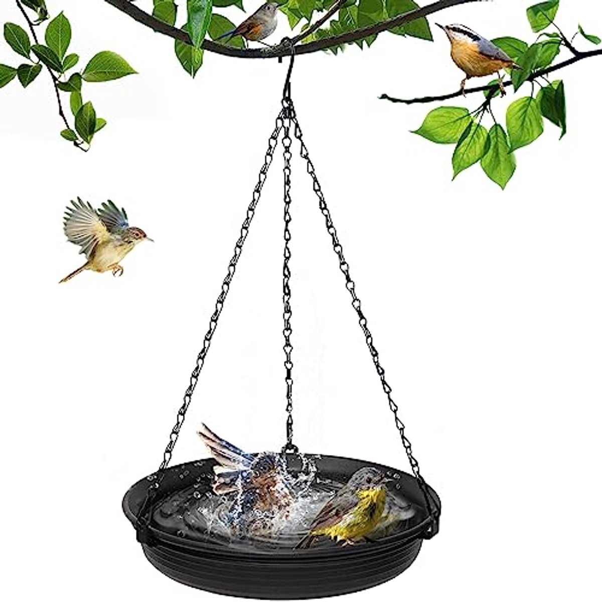 Hangende Vogelvoederbak en Vogelbad 28 cm - Vogelvoederhuisje - Vogelvoederstation voor Wilde Vogels - Inclusief Ketting en S-Haak - zwart