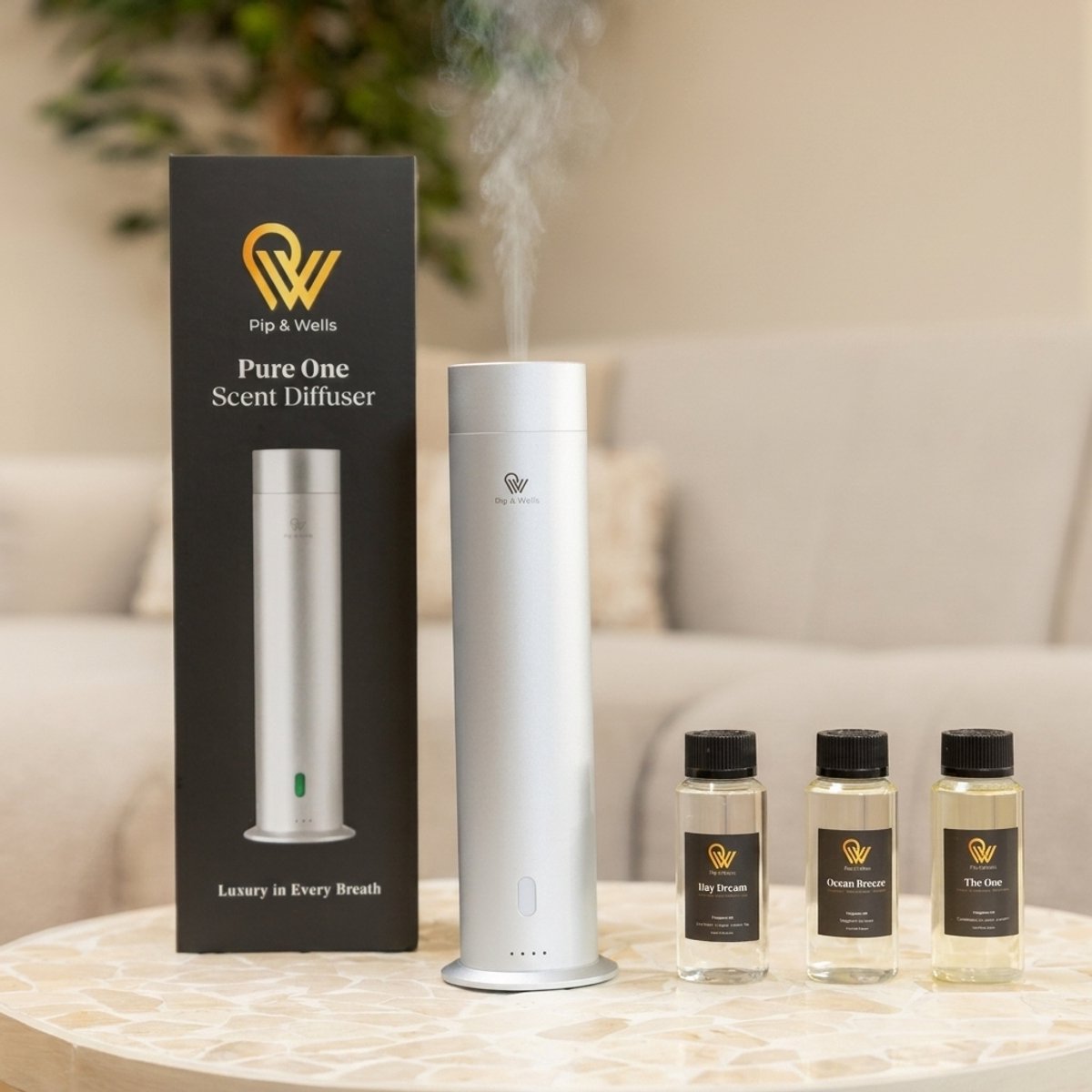 Pip & Wells® Pure One Aroma Diffuser – Waterloze Geurverspreider met 3 Hotelgeuren – Etherische Olie - 360ml – Mat Zilver - Inclusief Afstandsbediening & Oplader — cadeau in Wonen & Interieur - foto 6