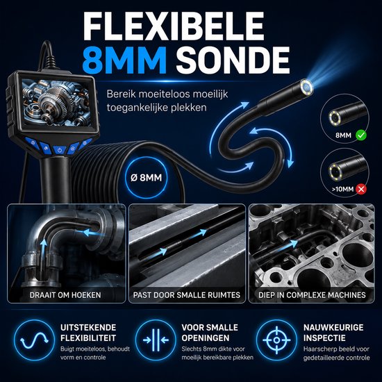 Flexibele 8mm sonde camera voor smalle ruimtes en complexe machines, met 3 opzetstukken.