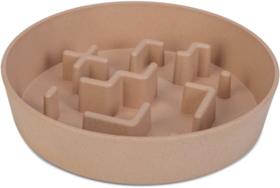 Beige antischrokbak met een labyrint ontwerp, om langzamer eten te stimuleren.